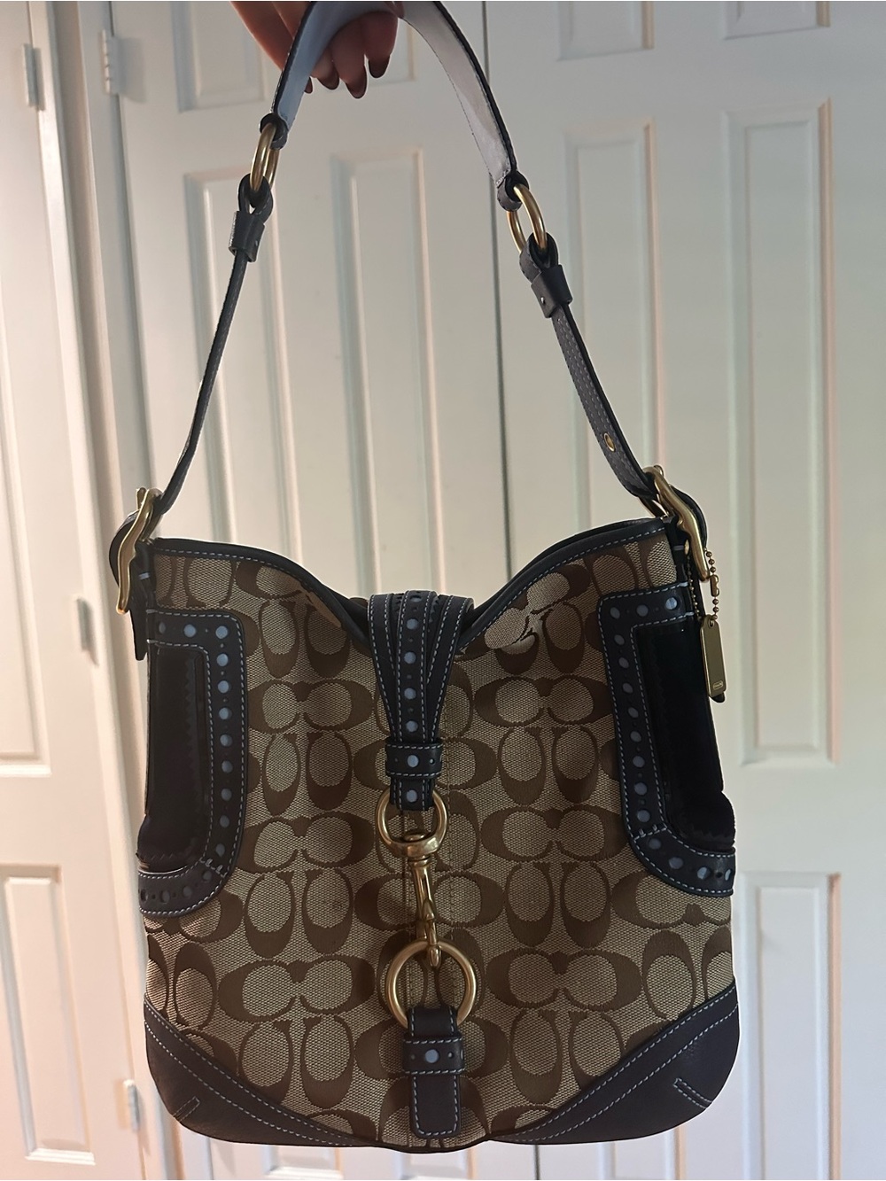 Vintage Coach legacy Signature hobo bag with Dark Blue Trim